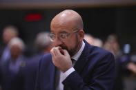 European Council President Charles Michel arrives for a round table meeting at an EU summit in Brussels, Thursday, Feb. 20, 2020. After almost two years of sparring the EU will be discussing the bloc's budget, to work out Europe's spending plans for the next seven years. (AP Photo/Olivier Matthys)