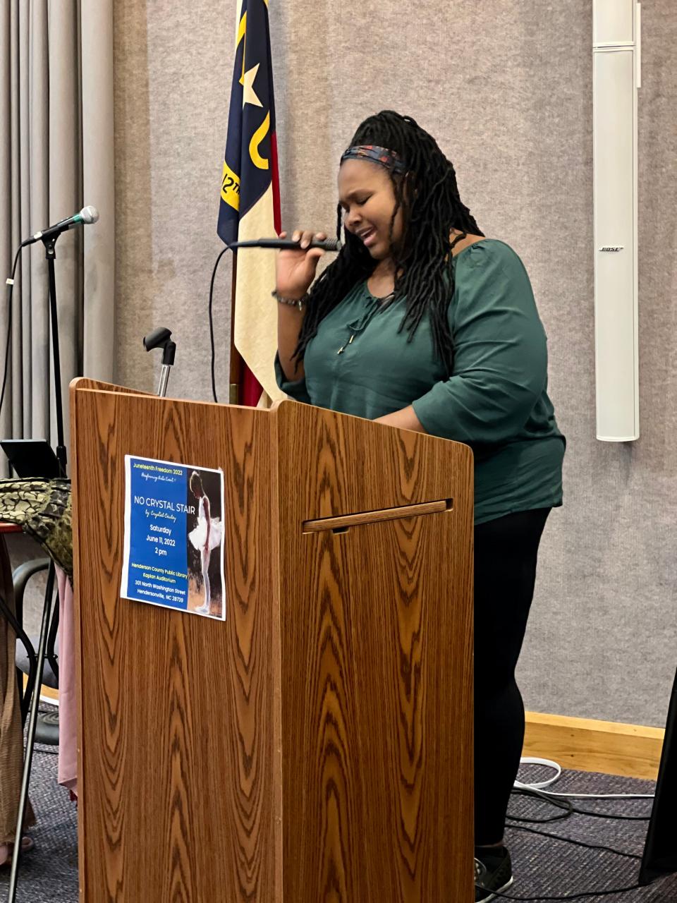 YaShara Lynch sings at the Juneteenth Freedom 2022 program on Saturday at the Henderson County Public Library.