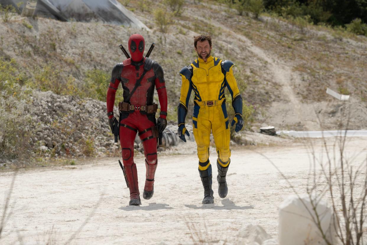 Ryan Reynolds as Deadpool/Wade Wilson and Hugh Jackman as Wolverine/Logan walking side by side in "Deadpool 3."