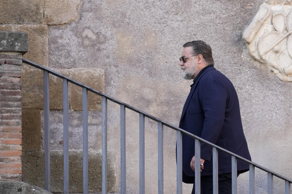 Actor Russel Crowe arrives at Rome's Capitol Hill to receive the "Ambassador of Rome in the World" award, in Rome, Friday, Oct. 14, 2022. (AP Photo/Andrew Medichini)