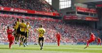 Britain Soccer Football - Liverpool v Watford - Barclays Premier League - Anfield - 8/5/16 Liverpool's Christian Benteke shoots from a free kick Action Images via Reuters / Carl Recine Livepic EDITORIAL USE ONLY.