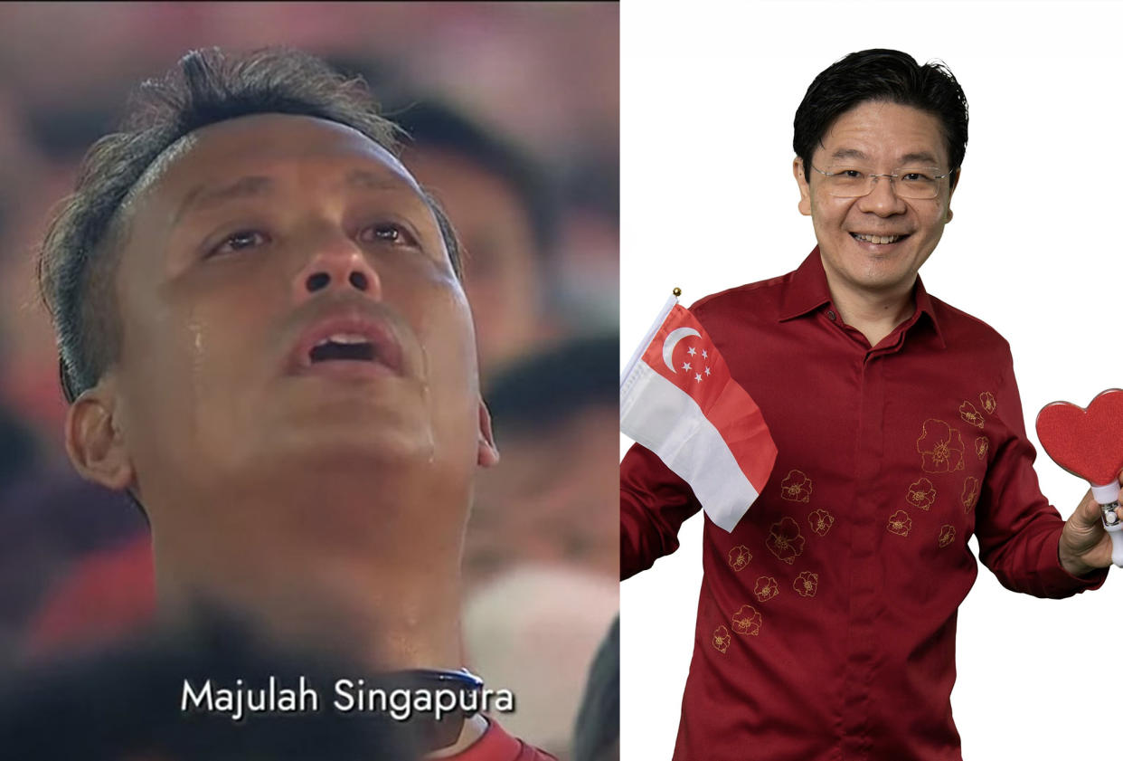 The emotional shot of Azuan Tan with tears streaming down his face during the national anthem at the NDP spanned several memes. (PHOTOS: Channel 5 screencap, LawrenceWongST/Facebook)