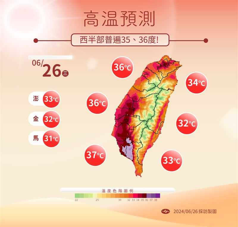 今（26）日高溫預測。（圖／氣象署）