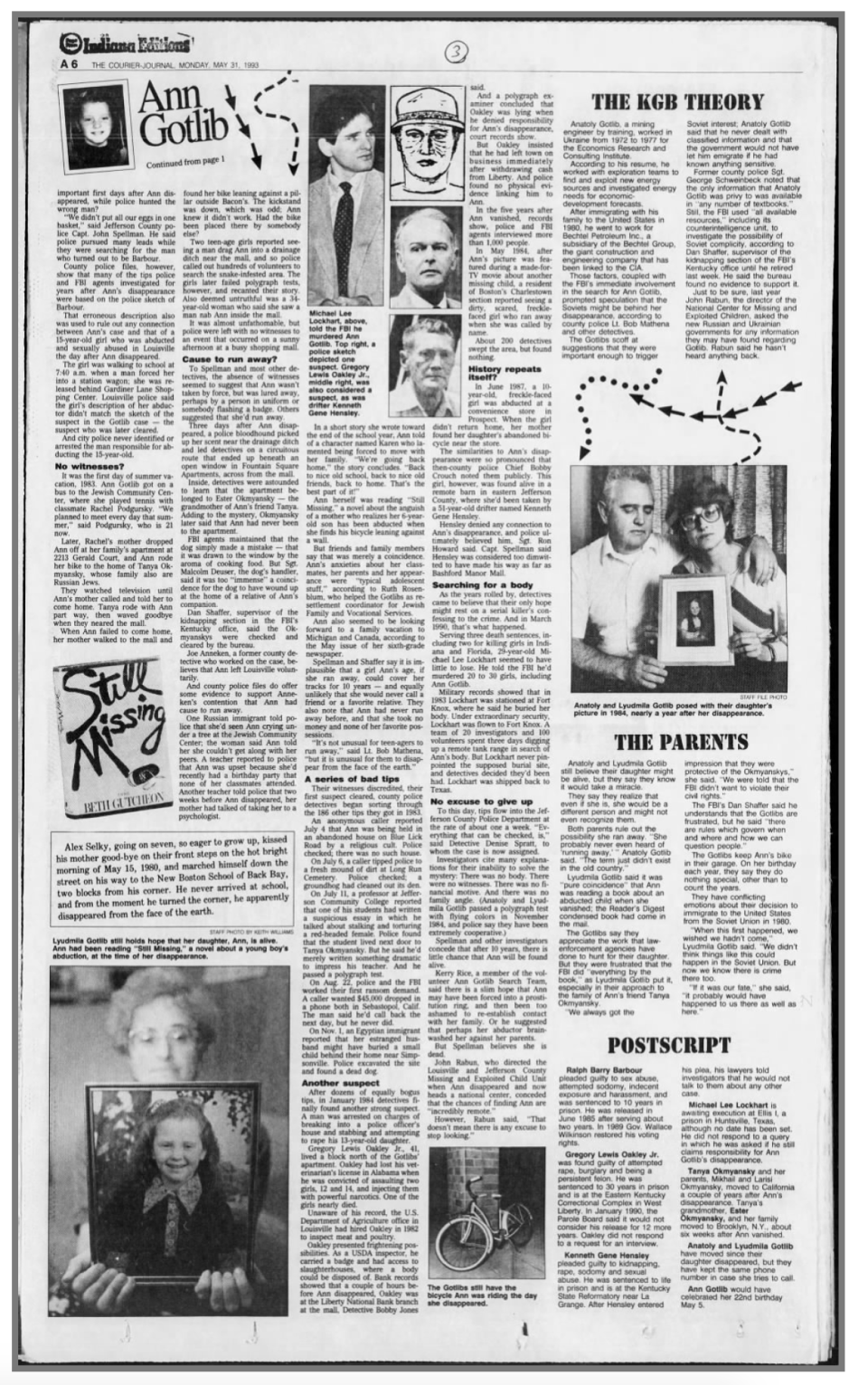 A story that appeared in The Courier-Journal on Monday, May 31, 1993, on the unsolved case of Ann Gotlib, written by Andrew Wolfson.