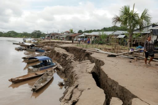 A crack in the ground caused by a quake in Puerto Santa Gema, on the outskirts of Yurimaguas, in the Amazon region, Peru on May 26, 2019