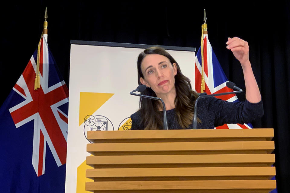 New Zealand's Prime Minister Jacinda Ardern talks to media in Wellington, New Zealand Monday, Feb. 15, 2021. As people in Auckland adjusted to a new lockdown on Monday, health officials said they'd found no evidence the coronavirus had spread further in the community, raising hopes the restrictions might be short-lived. (AP Photo/Nick Perry)