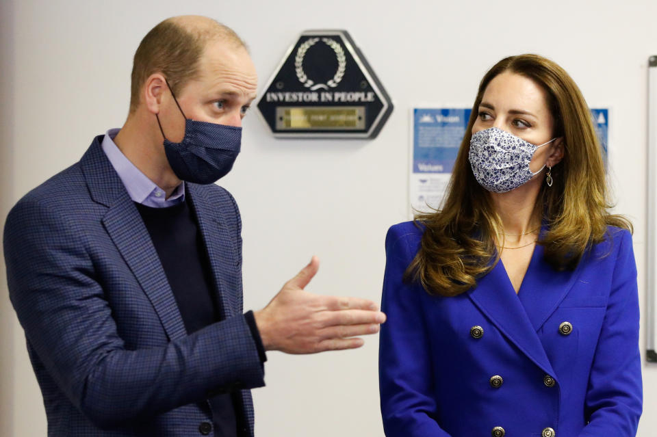 <p>The Duke and Duchess of Cambridge talk to service users during a visit to Turning Point Scotland's social care centre in Coatbridge, North Lanarkshire, to hear about the vital support that they provide to those with complex needs, including addiction and mental health challenges. Picture date: Monday May 24, 2021.</p>
