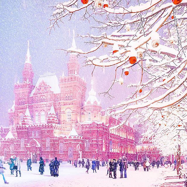 <p>Her ability to capture unique lighting adds to her portfolio's fairytale factor. This snowy snapshot of the city's grand historical museum (which is located in the Red Square and is a popular landmark for locals and tourists alike) is washed in pink perfection.</p>