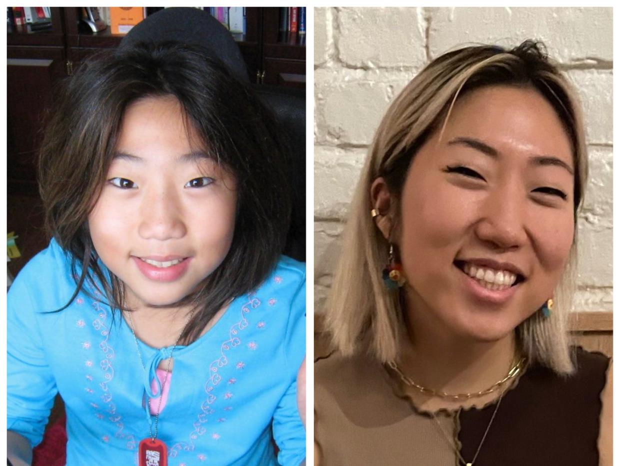 Photographs of Michelle Huang side by side as a child and in the present.