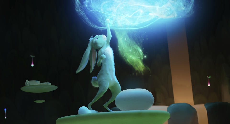 This image released by Netflix shows the character Jade Rabbit in a scene from "Over the Moon." (Netflix via AP)