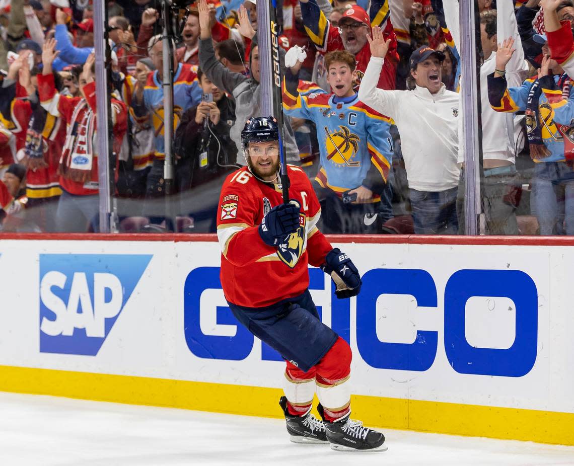 Florida Panthers center Aleksander Barkov (16) celebrates after scoring a goal against the Vegas Golden Knights in the third period of Game 4 of the NHL Stanley Cup Final at the FLA Live Arena on Saturday, June 10, 2023, in Sunrise, Fla. MATIAS J. OCNER/mocner@miamiherald.com