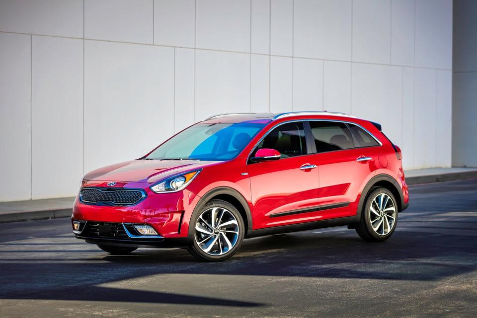 <p>EPA combined: 43–50 mpg</p><p>With <a href="https://www.caranddriver.com/kia/niro" rel="nofollow noopener" target="_blank" data-ylk="slk:the 2019 Kia Niro hybrid;elm:context_link;itc:0;sec:content-canvas" class="link ">the 2019 Kia Niro hybrid</a>, you get hybrid efficiency in a crossover-ish wrapper. You sit up high in the Niro in a commanding seating position that’s so in-demand these days among crossover and SUV shoppers. Also, there is solid interior space and the Kia wears decidedly un-weird styling for a dedicated hybrid model. (You've seen the Toyota Prius, right?) Unlike most crossovers, however, the Niro hybrid is front-wheel drive only; all-wheel drive isn't offered.</p>