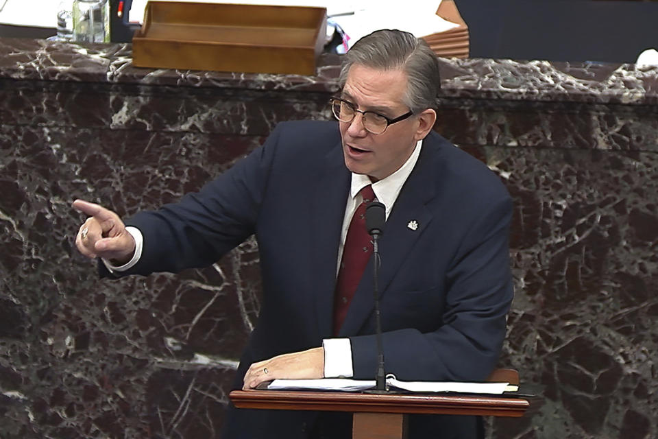 In this image from video, Bruce Castor, an attorney for former President Donald Trump, speaks during the second impeachment trial of Trump in the Senate at the U.S. Capitol in Washington, Friday, Feb. 12, 2021. (Senate Television via AP)