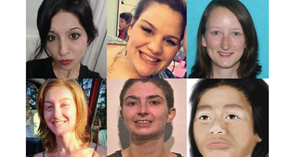 The six women are all pictured, with authorities fearing their deaths could be linked to a serial killer. 