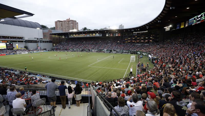 Fans at Providence Park watch the second half of an NWSL soccer match between the Portland Thorns and the Seattle Reign in Portland, Ore., Wednesday, July 22, 2015. The Portland Thorns selected former Utah State Aggie Kelsey Kaufusi in the 2024 NWSL draft.