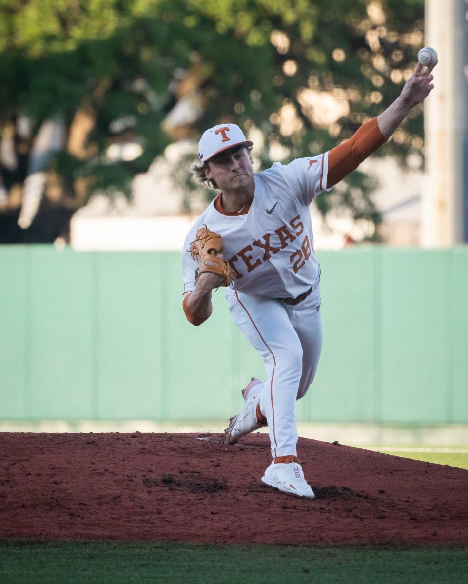 Texas pitcher Ace Whitehead throws a pitch during the second inning of Tuesday's 9-3 loss to Texas State at UFCU Disch-Falk Field. Whitehead started in right field for Monday's win in San Marcos before starting on the mound Tuesday.