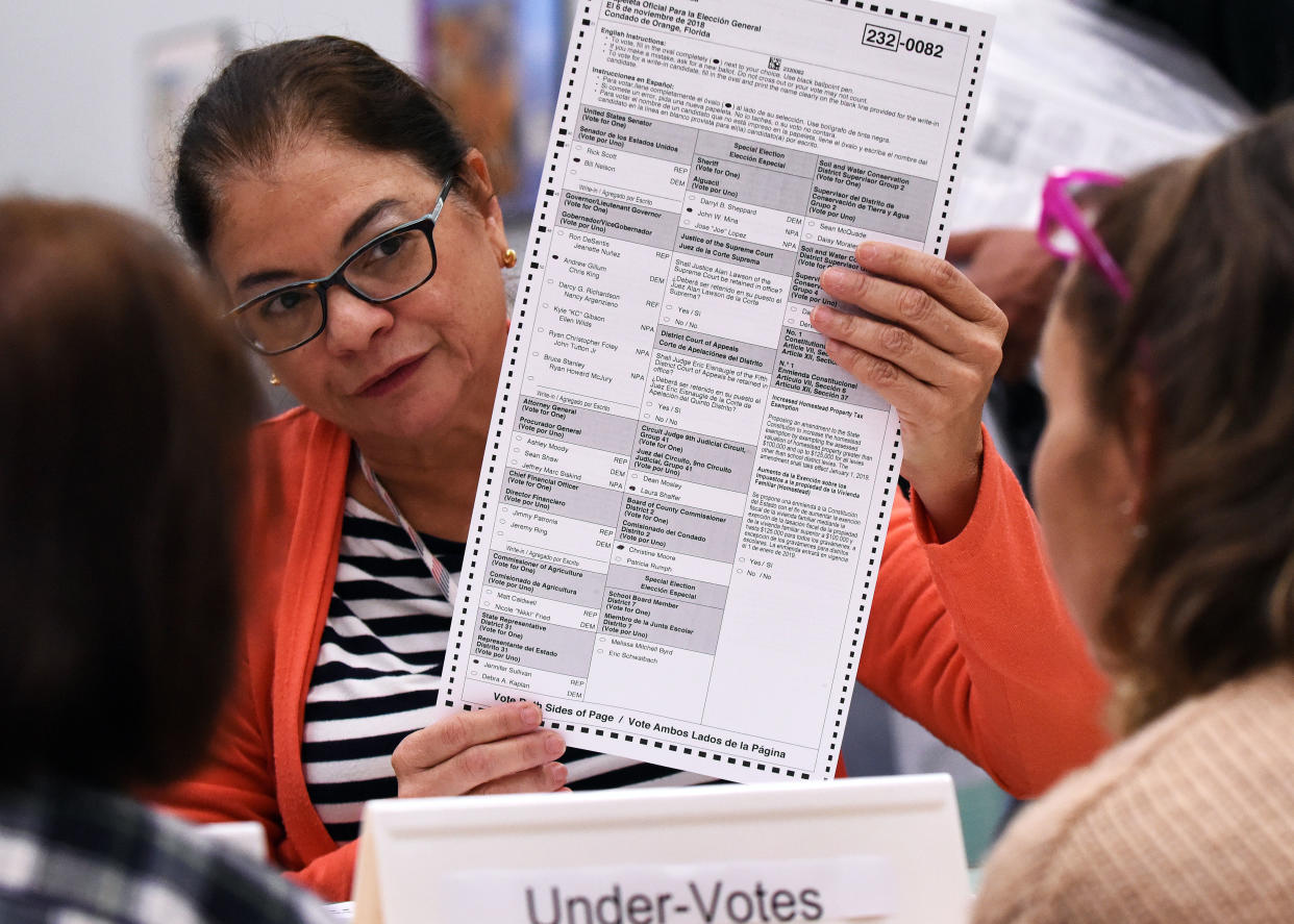 Election workers perform a manual recount of ballots on November 16, 2018 at the Orange County Supervisor of Elections Office in Orlando, Florida. (Paul Hennessy/NurPhoto via Getty Images)