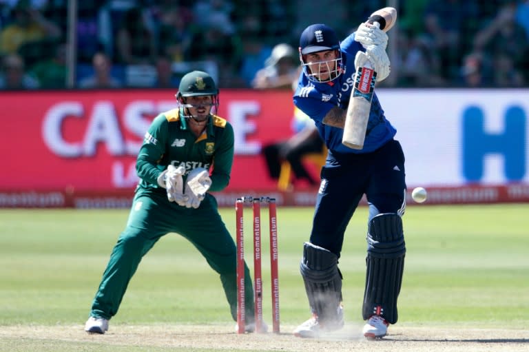 England's batsman Alex Hales plays a shot during the second One Day International match between England and South Africa at Saint George's park on February 6, 2016 in Port Elizabeth, South Africa