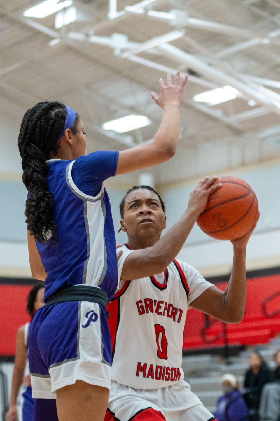 Groveport's Aubriona Benjamin looks to score against Pickerington Central's Rylee Bess on Jan. 5.