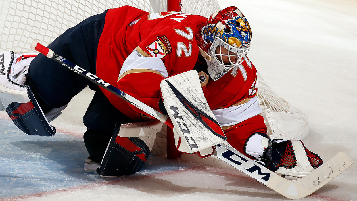 SUNRISE, FL - NOVEMBER. 2: Goaltender Sergei Bobrovsky #72 of the Florida Panthers defends the net against the Detroit Red Wings at the BB&T Center on November 2, 2019 in Sunrise, Florida. (Photo by Eliot J. Schechter/NHLI via Getty Images) 