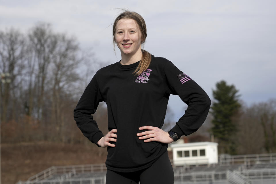 East Palestine High School senior Mia Lee poses for a portrait, Monday, March 6, 2023, in East Palestine, Ohio. Athletes are navigating spring sports following the Feb. 3 Norfolk Southern freight train derailment. (AP Photo/Matt Freed)