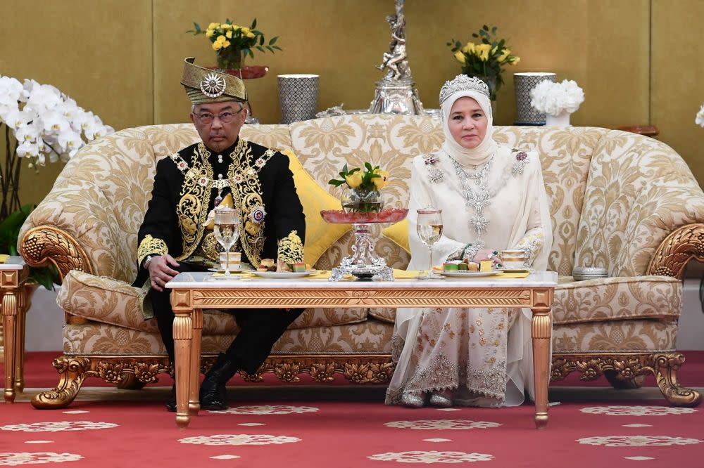 Sultan Abdullah with Raja Permaisuri Agong Tunku Hajah Azizah Aminah Maimunah Iskandariah at Istana Negara July 30, 2019. — Bernama pic