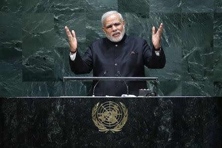 India's Prime Minister Narendra Modi addresses the 69th United Nations General Assembly at the U.N. headquarters in New York September 27, 2014. REUTERS/Eduardo Munoz