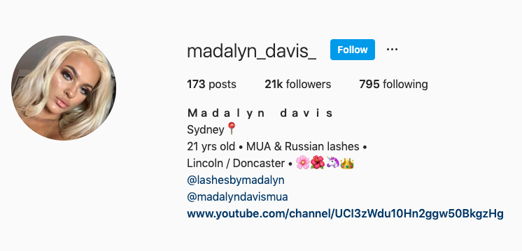 Madalyn Davis had a large following on social media, her personal Instagram account with 21,000 followers has been switched to private. Source: Instagram