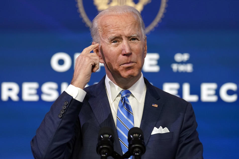 President-elect Joe Biden speaks about the COVID-19 pandemic during an event at The Queen theater, Thursday, Jan. 14, 2021, in Wilmington, Del. (AP Photo/Matt Slocum)