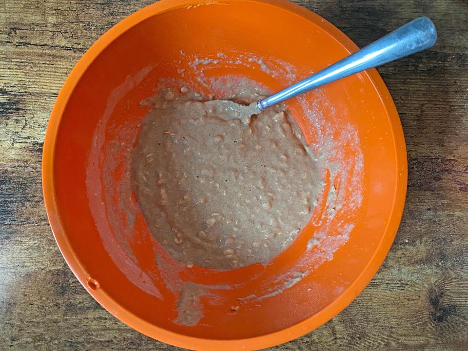 The Kodiak pancake batter in an orange bowl