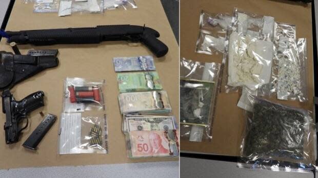 Surrey RCMP arrrested two 16-year-old males and seized drugs, guns and money from a dial-a-dope operation being run out of a Whalley condo tower. (Surrey RCMP - image credit)