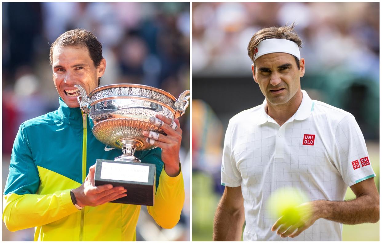 Rafael Nadal con su trofeo de campeón de Roland Garros y Roger Federer en el torneo de Wimbledon 2021, el último que ha disputado. (Foto: Tim Clayton / Corbis / Getty Images / Simon Bruty / Anychance / Getty Images).