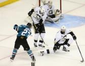 San Jose Sharks right wing Joonas Donskoi (27) takes the game-winning shot past Pittsburgh Penguins center Evgeni Malkin (71), Penguins defenseman Justin Schultz (4) and Penguins goalie Matt Murray (30) in the overtime period of game three of the 2016 Stanley Cup Final at SAP Center at San Jose. Mandatory Credit: John Hefti-USA TODAY Sports