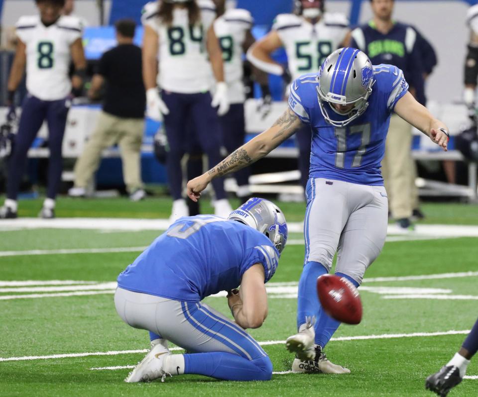 Detroit Lions kicker Dominik Eberle misses an extra point during the first half against the Seattle Seahawks at Ford Field, Oct. 2, 2022.