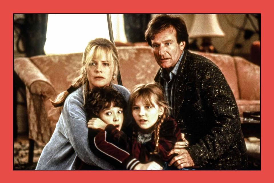 <p>Everett Collection; Getty Images</p> Bonnie Hunt, Bradley Pierce, Kirsten Dunst, and Robin Williams in 