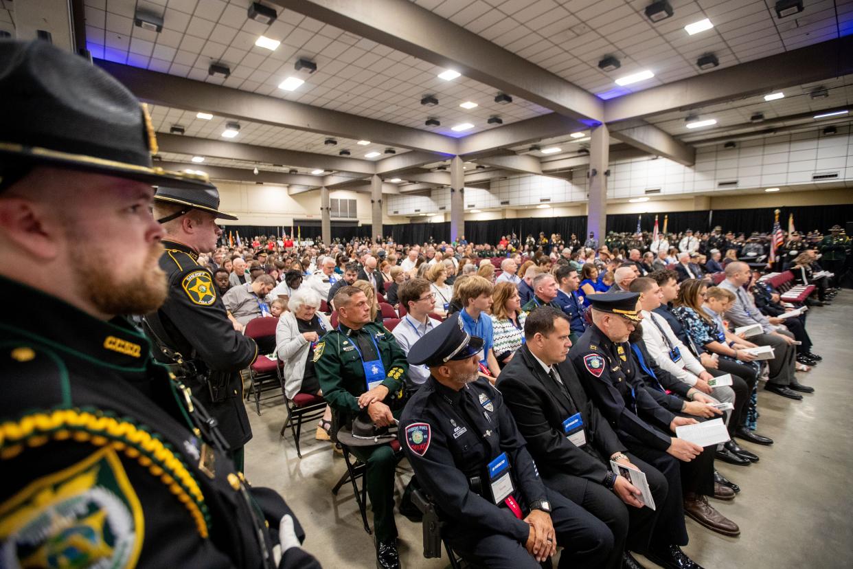 Families and loved ones of Florida law enforcement officers who lost their lives in the line of duty were recognized during a service hosted by the Florida Fraternal Order of Police held at the Donald L. Tucker Civic Center on Monday, April 29, 2024.