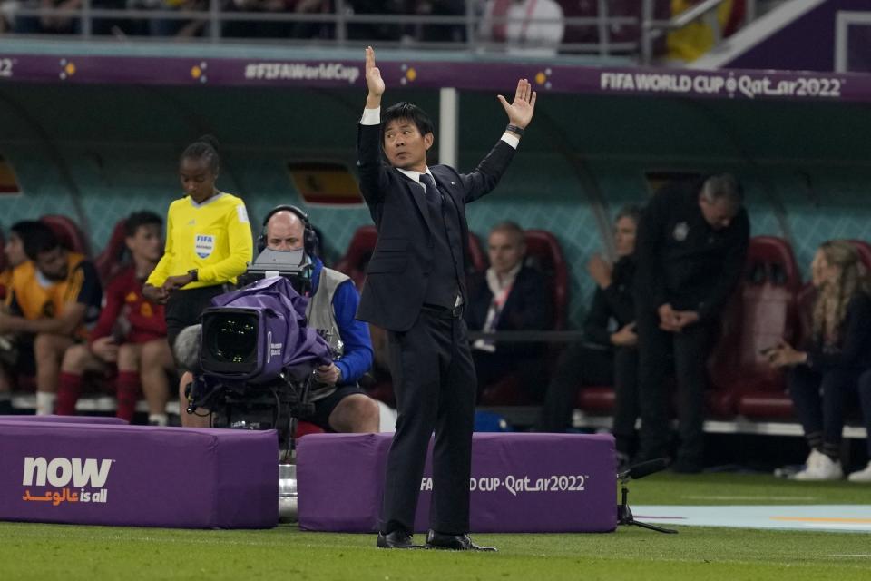 Japan's head coach Hajime Moriyasu reacts during the World Cup group E soccer match between Japan and Spain, at the Khalifa International Stadium in Doha, Qatar, Thursday, Dec. 1, 2022. (AP Photo/Darko Vojinovic)