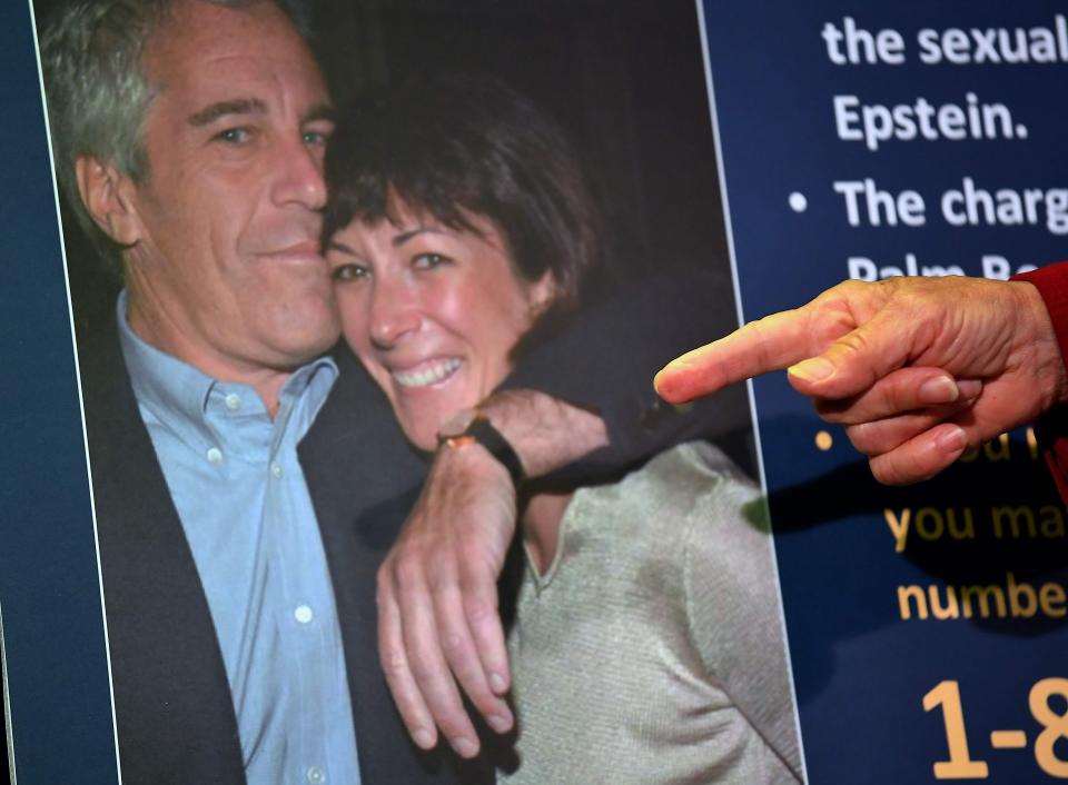 A photo of Ghislaine Maxwell with Jeffrey Epstein as federal authorities announce charges against her during a news conference in New York on July 2, 2020.