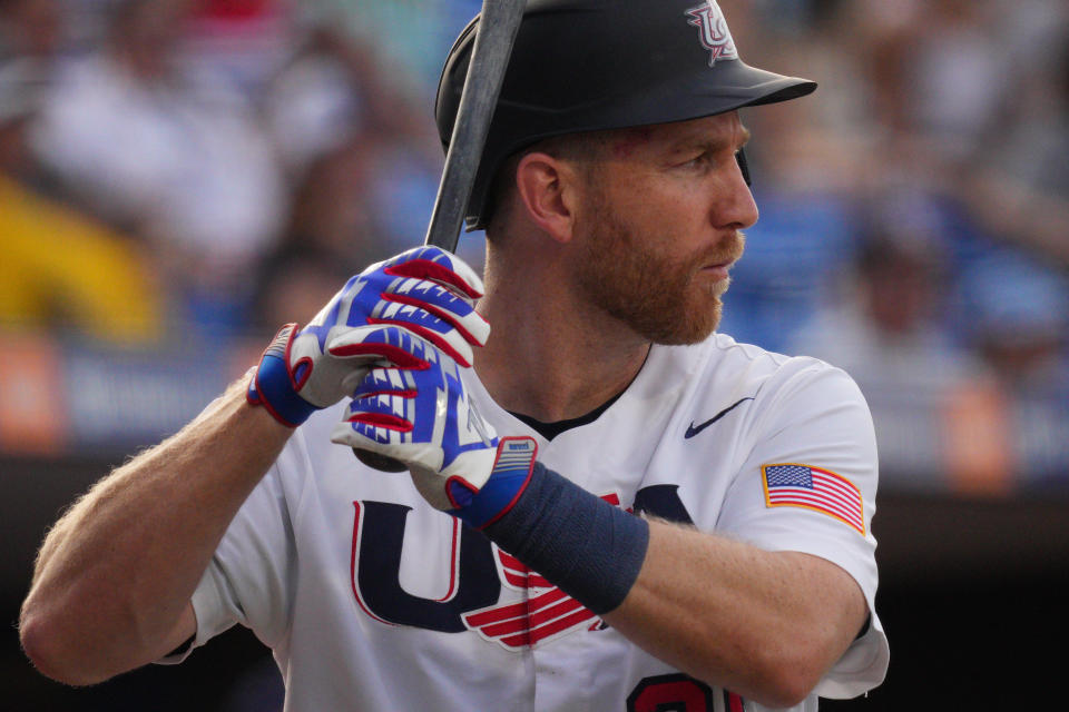 PORT ST. LUCIE, FLORIDA - JUNE 05: A general view of the Marucci batting gloves worn by Todd Frazier #25 of United States while at bat against Venezuela during the WBSC Baseball Americas Qualifier Super Round at Clover Park on June 05, 2021 in Port St. Lucie, Florida. (Photo by Mark Brown/Getty Images)