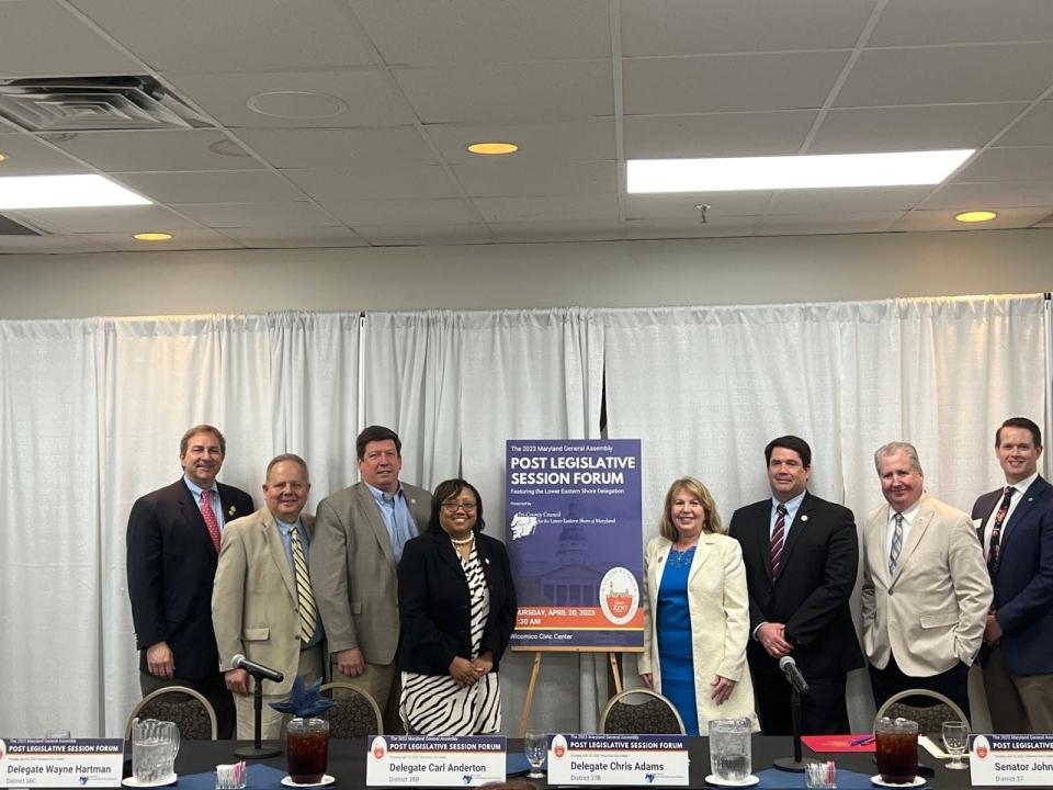 In this file photo, the Lower Shore delegation to the Maryland General Assembly pose for a picture with Salisbury Area Chamber of Commerce leaders after the Post Legislative Session Forum held at the Wicomico County Civic Center on April 20, 2023. From left to right, Sen. Johnny Mautz, R-Talbot; Del. Charles Otto, R-Somerset; Del. Wayne Hartman, R-Worcester; Del. Sheree Sample-Hughes, D-Wicomico; Sen. Mary Beth Carozza, R-Worcester; Del. Chris Adams, R-Wicomico; with Chamber CEO Bill Chambers and Zach Evans, chair elect of the Chamber’s Executive Committee.