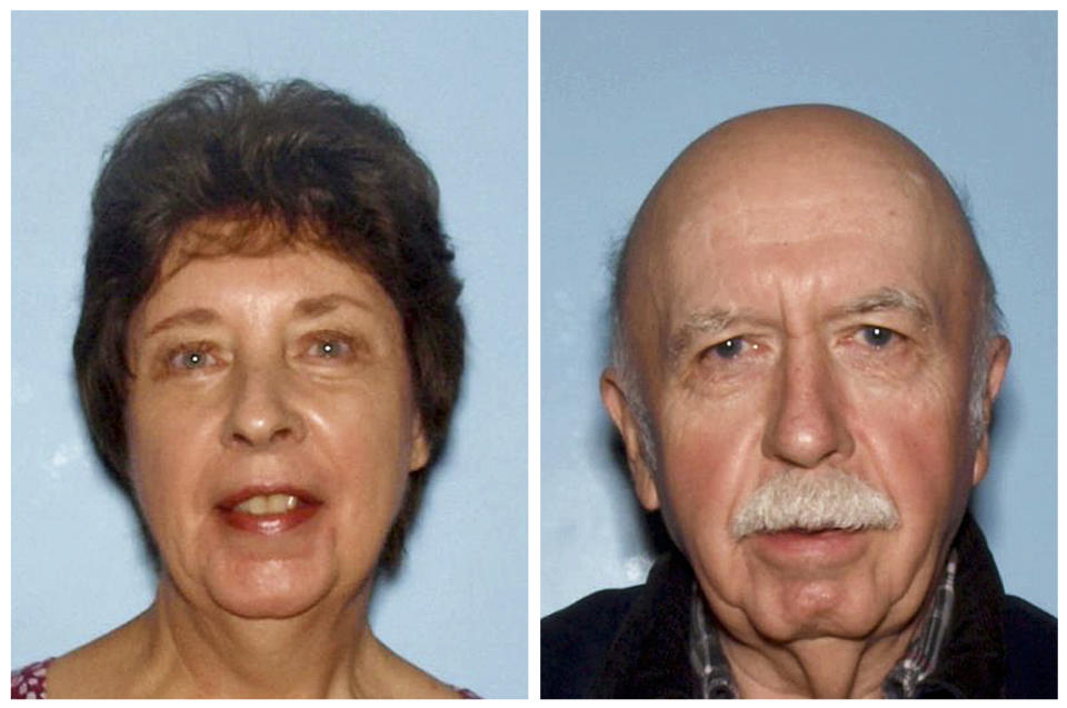 FILE - This combination of photos provided on Jan. 26, 2015, by the Cobb County Police Department shows June Runion, of Marietta, Ga., and her husband, Elrey "Bud" Runion. According to a news release issued Monday, April 23, 2024, someone using a magnet on Sunday, April 14, to fish for metal objects in a Georgia creek pulled up a rifle as well as some lost belongings of the couple found slain in the same area more than nine years ago. (Cobb County Police Department via AP, File)