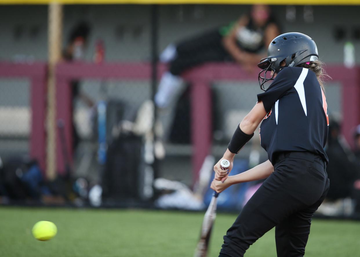 Pawling's Mikaela Mammola at bat during a May 12, 2022 softball game at Arlington.