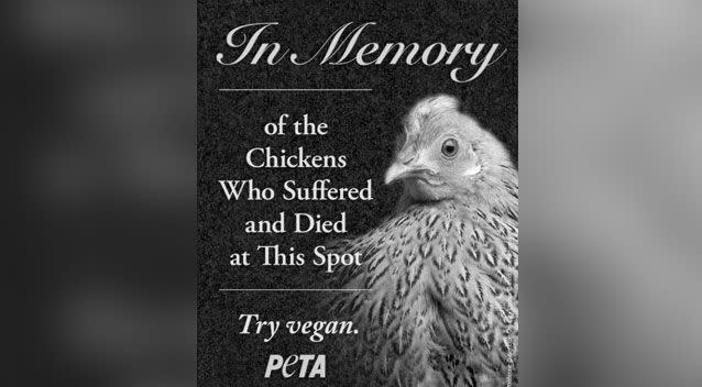 PETA have designed a memorial they want erected at the site where 1000 chickens were killed. Photo: Supplied/ PETA