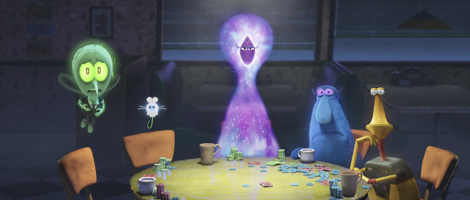 This image released by Netflix shows, from left, Insomnia, voiced by Nat Faxon, Quiet, voiced by Aparna Nancherla, Dreams, voiced by Angela Bassett, Sleep, voiced by Natasia Demetriou, and Unexplained Voices, voiced by Golda Rosheuvel, in a scene from "Orion and the Dark." (DreamWorks Animation/Netflix via AP)