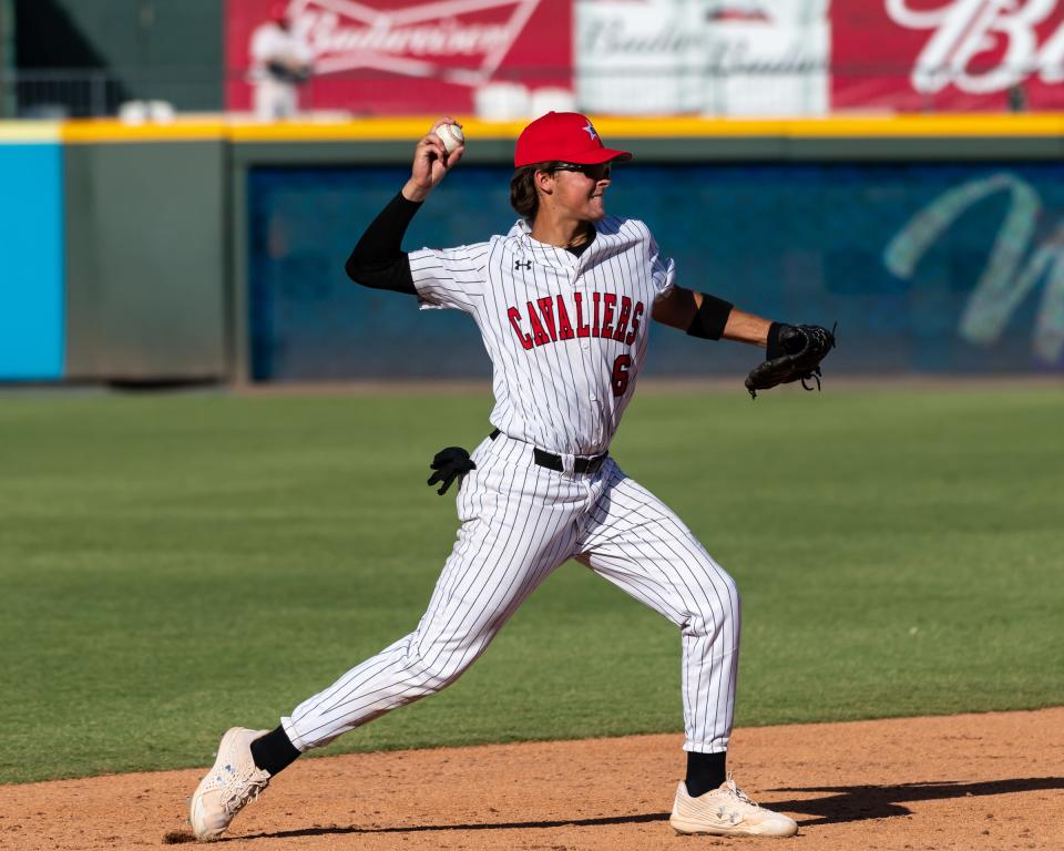 Lake Travis shortstop Kaeden Kent throws to first for an out during the South's 7-3 win over the North at the Texas High School Baseball Coaches Association Class 5A and 6A All-Star game at Dell Diamond on Sunday. Kent will play at Texas A&M next season.