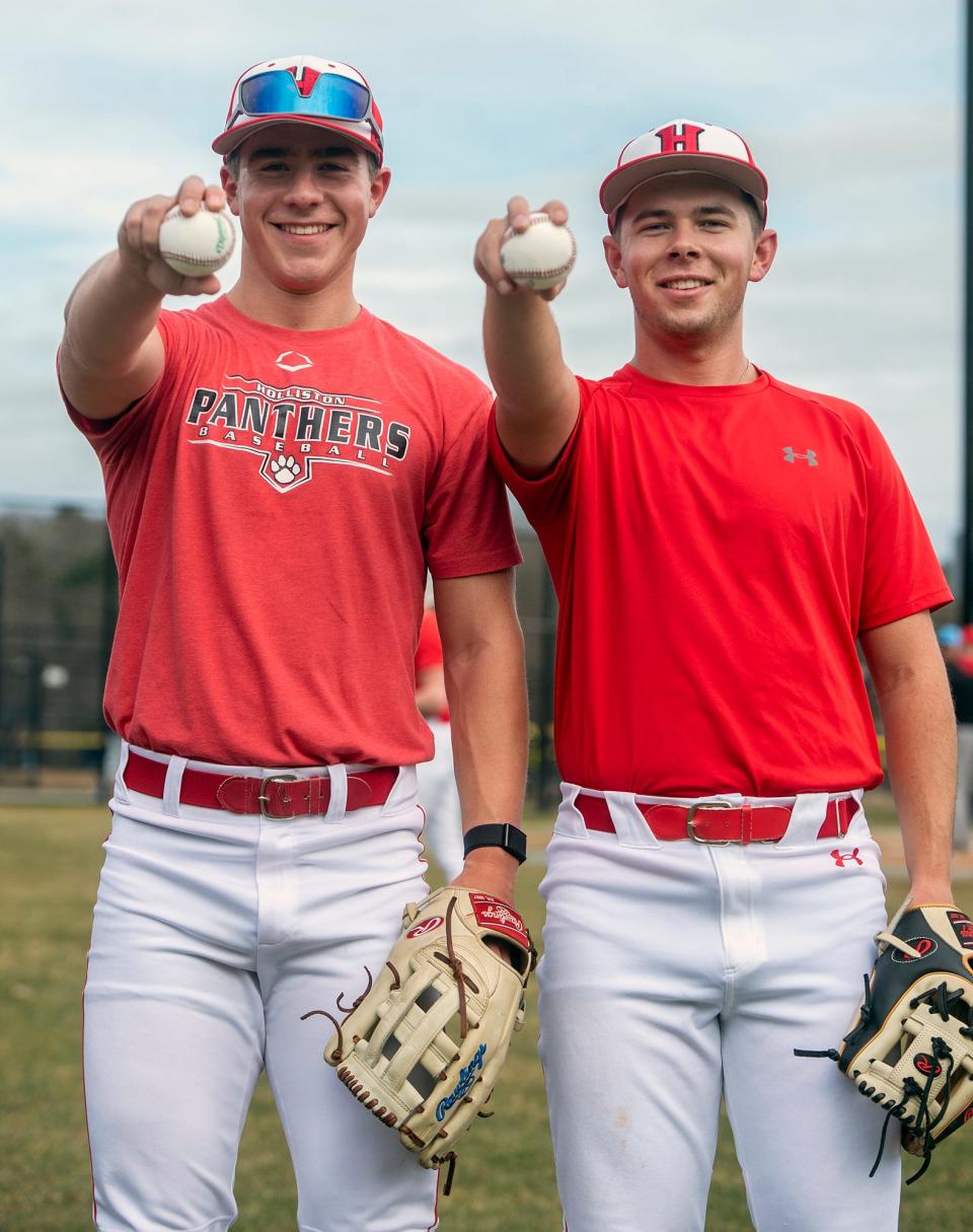 Holliston High School pitchers Teddy Peters, left, and Jake Schoenberg, before a scrimmage at Franklin, March 27, 2024.