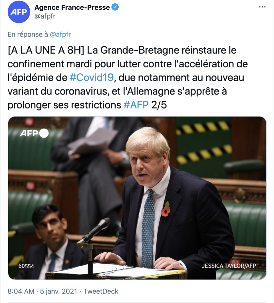 Face à la flambée des cas, la Grande-Bretagne a dû reconfiner début janvier. Capture d'écran Twitter @afpfr