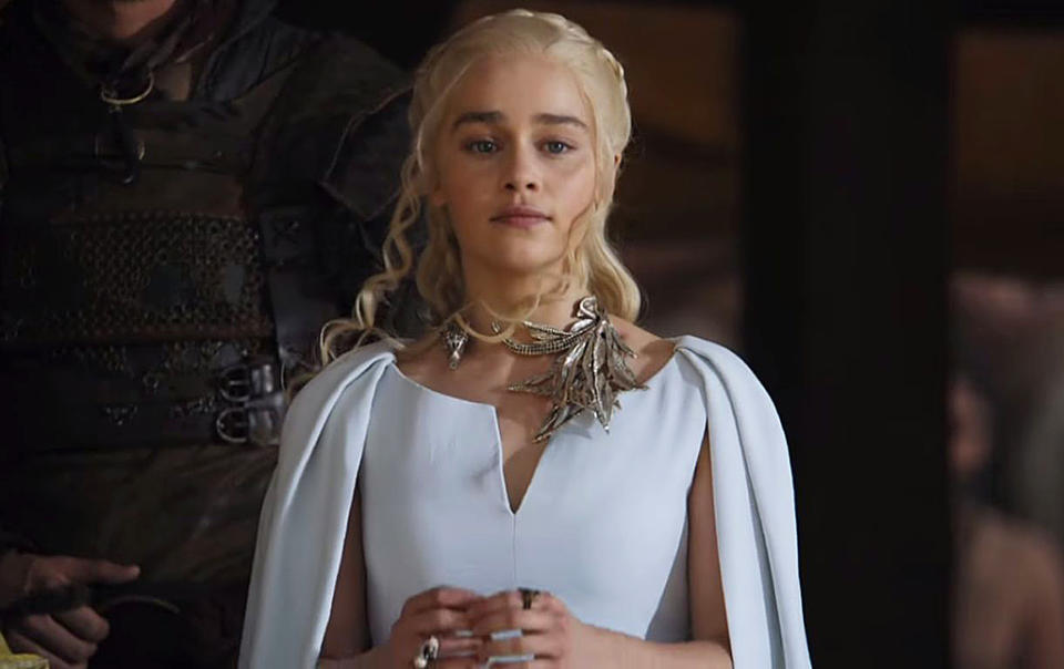 <p>Clapton worked on a jewelry line inspired by Daenerys. In the show, she often sports elaborate, dragon-themed necklaces. In the Season 5 finale, she’s wearing a necklace with a plethora of dragon wings. And then the next time we see her, captured by the Dothraki, the wings are gone. As Clapton explained to <a rel="nofollow noopener" href="https://www.usatoday.com/story/life/entertainthis/2016/07/21/you-can-own-and-wear-game-thrones-dragon-power/87377546/" target="_blank" data-ylk="slk:USA Today;elm:context_link;itc:0;sec:content-canvas" class="link ">USA Today</a>, “she has to flee and I wanted the wings [on the necklace] to come off so she’d be left with less of a dragon.”<br><br>(Photo Credit: HBO) </p>