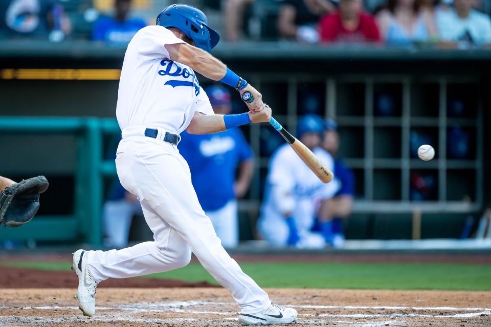 Oklahoma City Dodgers outfielder Drew Avans (3) takes the plate during a Minor League Baseball game between the Oklahoma City Dodgers and the Las Vegas Aviators at Chickasaw Bricktown Ballpark in Oklahoma City on Wednesday, June 21, 2023.