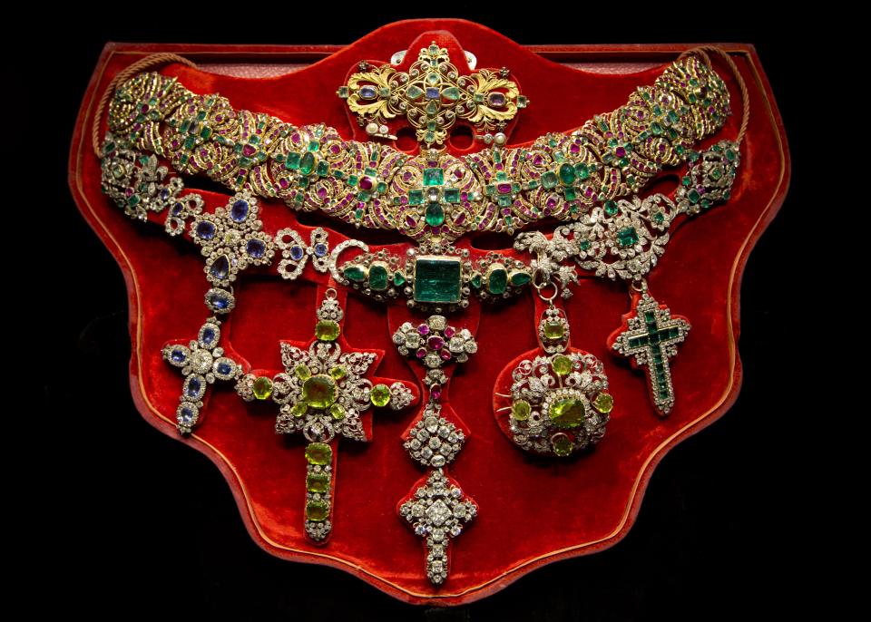 The Necklace of St. Januarius, made in 1679 by goldsmith Michele Dato, is put on display as part of the exhibition "Naples' Treasure. Masterpieces from the Museum of Saint Januarius", at the Fondazione Roma Musuem, in Rome's Palazzo Sciarra, Wednesday, Oct. 30, 2013. Over the centuries precious jewels donated to San Gennaro, the patron saint of Naples, by kings, aristocrats and devotees were added to the original part, the upper necklace. The last donation is a diamond ring by Princess consort Marie Jose of Belgium, in the 1930s. (AP Photo/Andrew Medichini)